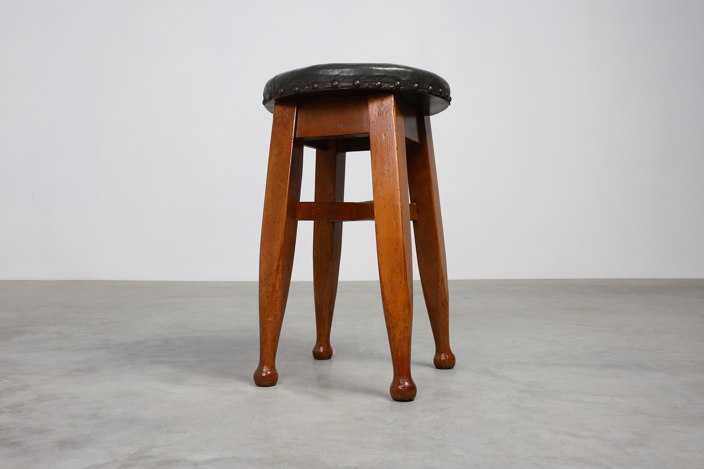 Arts & Crafts Meets Early Art Deco Oak & Leather Stool, France 1920 thumbnail